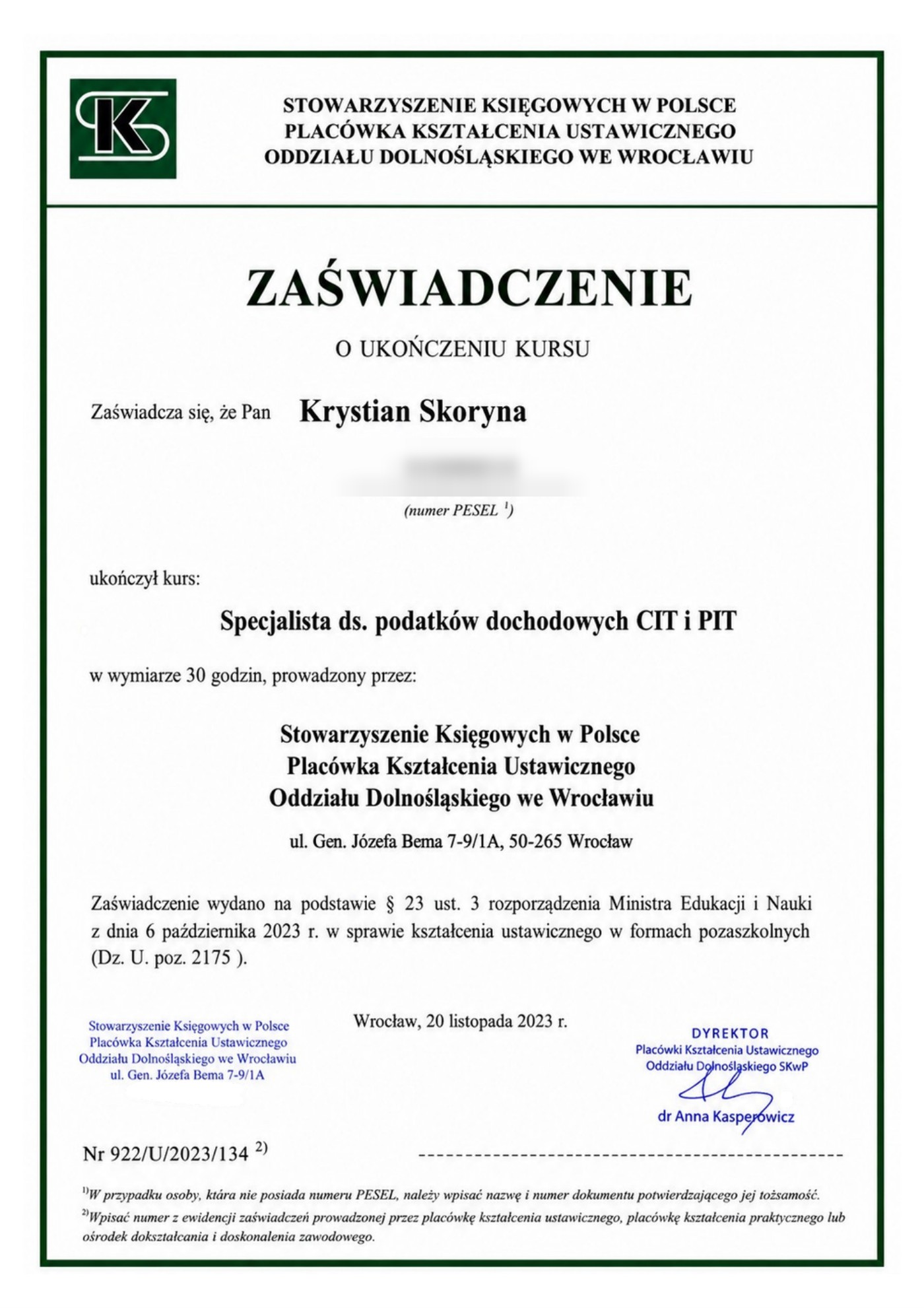 Specjalista ds. podatków dochodowych CIT i PIT — SKwP, Oddział Dolnośląski we Wrocławiu