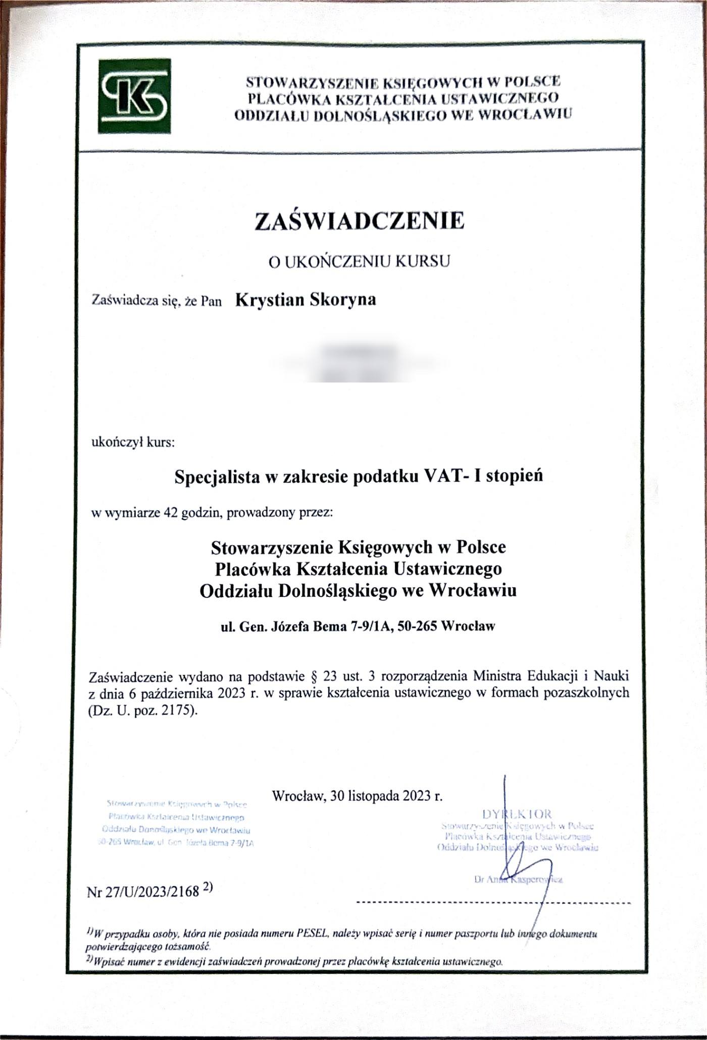 Specjalista w zakresie podatku VAT — I stopień — SKwP, Oddział Dolnośląski we Wrocławiu